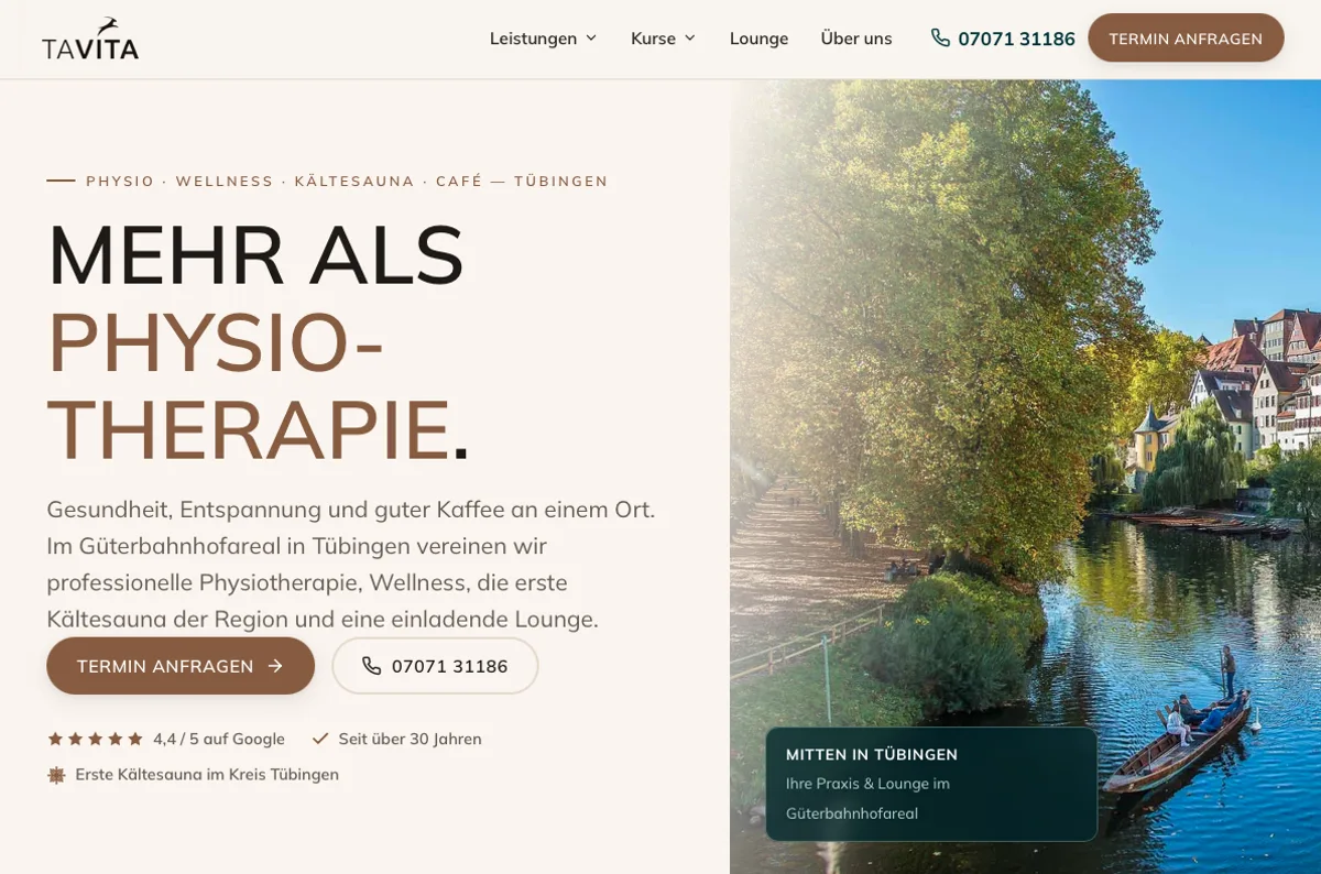 Startseite von tavita.de – Physio, Wellness, Kältesauna und Café in Tübingen